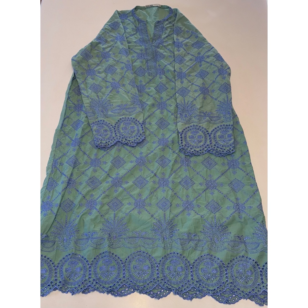 Khaadi Women's Green Blue Embroidered Cotton Lawn Kurta Tunic Size 16